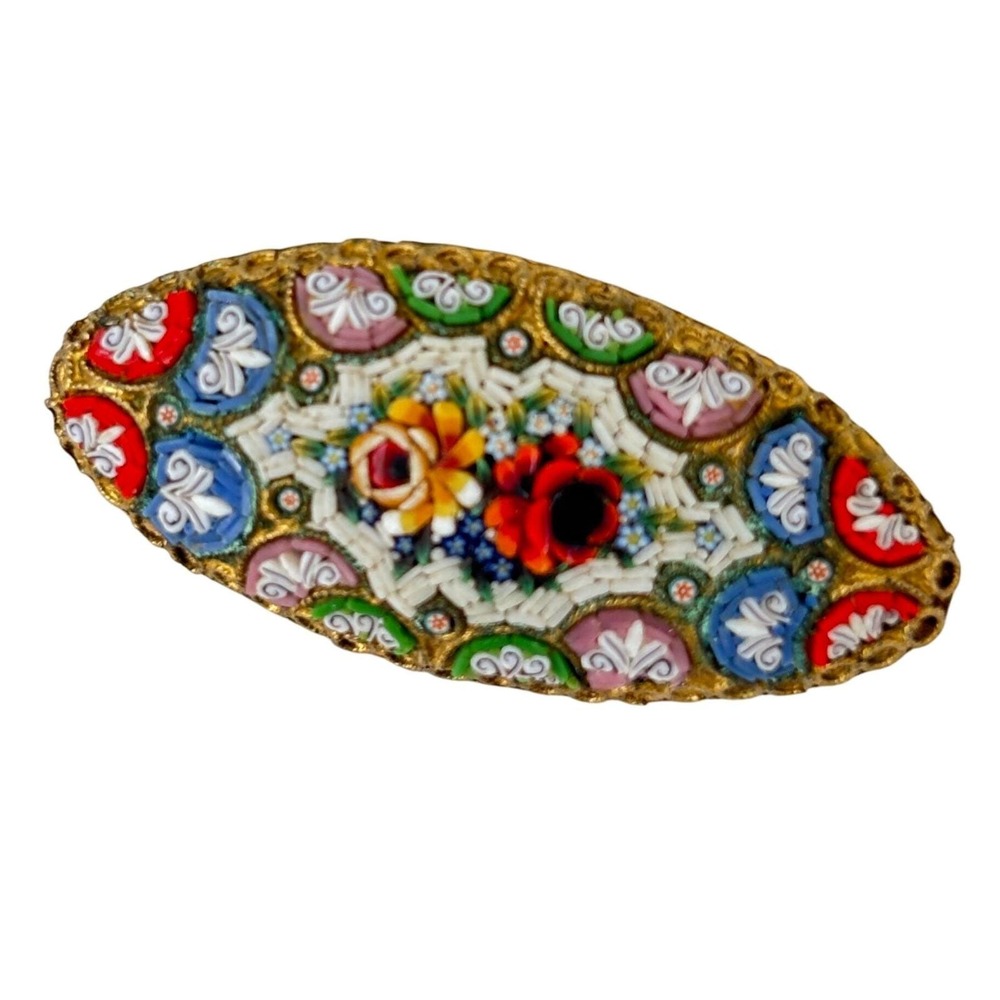 Antique Micro‎ Mosaic Brooch 800 Silver C Clasp Floral Oval Vtg 1.5" Glass